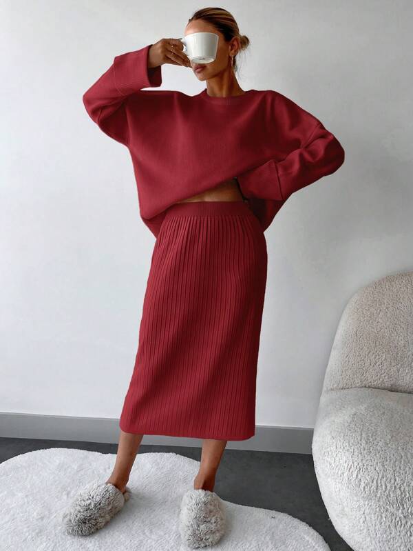 Solid Drop Shoulder Sweater & Skirt