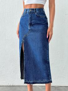 EURMUSE Zipper Fly Raw Edge Split Thigh Denim Skirt - Dark Wash - View 4