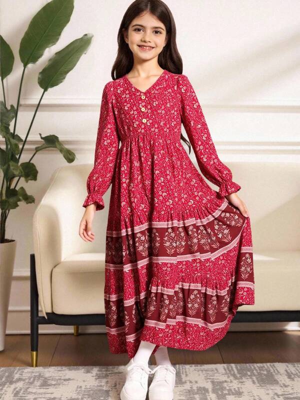 SHEIN Tween Girl Loose Casual Long Sleeve Vacation Style V-Neck Button Accented Dress