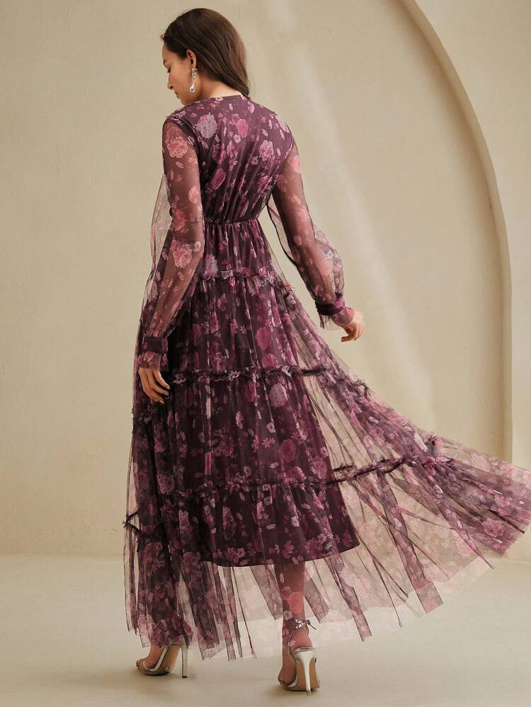 Women's Elegant Burgundy Floral Long Dress V-Neck Long Sleeve Flared Mesh Maxi Dress With Wrap Details