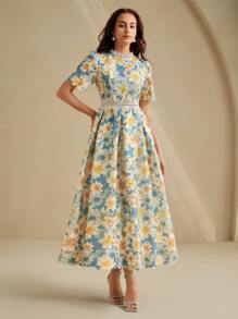 Anewsta فستان مزخرف بنقوش الأزهار مع إضافات دانتيل وتصميم مشدود للخصر، أنيق وقابل للتنوع التصاميم