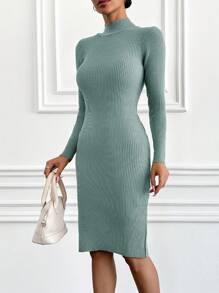 Cloudara Mock Neck Split Thigh Sweater Dress - Green - View 3