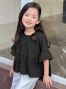 DAZY Girls (Toddler) Round Neck Knitted Short Sleeve T-Shirt, Summer