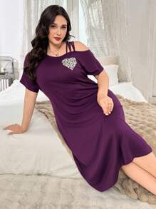 SHEIN Váy thun tay ngắn họa tiết da báo dành cho nữ bán chạy nhất, Bộ đồ ngủ hở vai gợi cảm thoải mái thường ngày - Màu đỏ tím - Xem 5