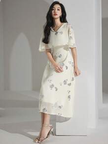 Heiryn Women's Floral Sequin Patchwork Ruffle Hem Elegant Mid-Length Dress - Apricot - View 7
