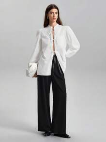 Ontre Áo cánh thanh lịch tay dài thắt nơ phía trước ngày lễ tình nhân màu trắng mới 2025 cho nữ mùa xuân - trắng - Xem 1