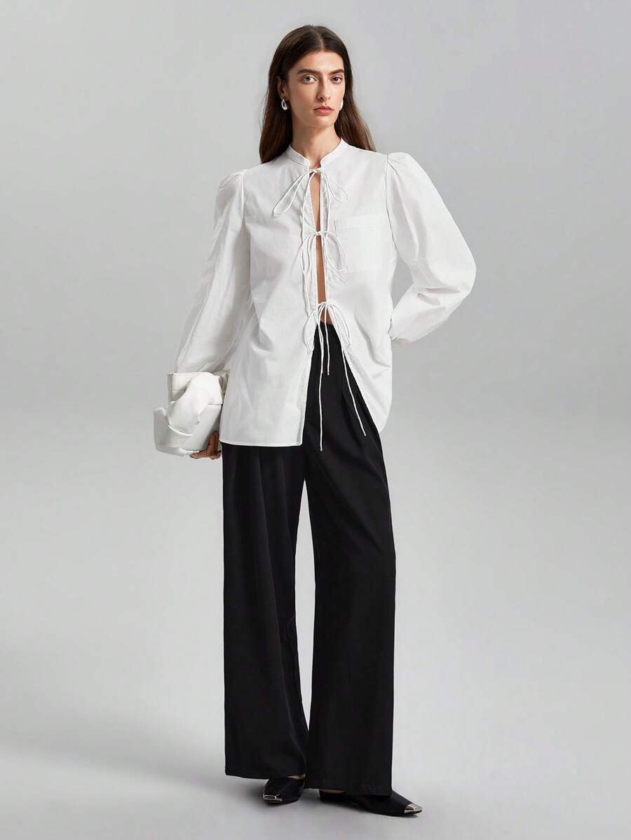 Ontre Áo cánh thanh lịch tay dài thắt nơ phía trước ngày lễ tình nhân màu trắng mới 2025 cho nữ mùa xuân - trắng - Xem 1