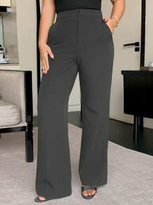 Dazy Plus Plus Size Solid Color Loose Straight-Leg Casual Black Long Pants, All Season Women Dress Pants Fall - Dark Grey - View 1