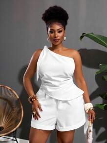 Veslaya 2025秋冬新品，女士秋冬装，万圣节，音乐节，复活节，西部风，游牧风，生日派对，毕业典礼，学生，日常穿着，休闲，度假，邮轮旅行，沙滩，日光浴，时尚，女士大码白色单肩系带蝴蝶结上衣+松紧腰短裤休闲套装 - 白色 - 查看 11