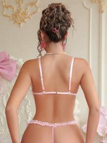 PetitDoll Sweet Contrast Lace Ruffle Bow Decor Women Lingerie Bra - Coral Pink - View 2
