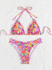 SHEIN 女士全新时尚碎花荷叶边沙滩度假两件套