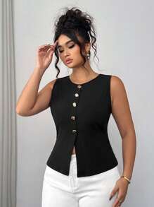 Elenzga Plus Size Summer Casual Solid Color Ribbed Tank Top With Metal Buckle