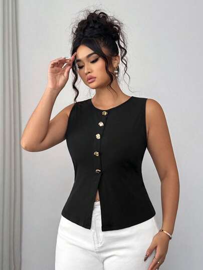 Elenzga Top de tirantes casual de verano de talla grande en unicolor acanalado con hebilla metálica