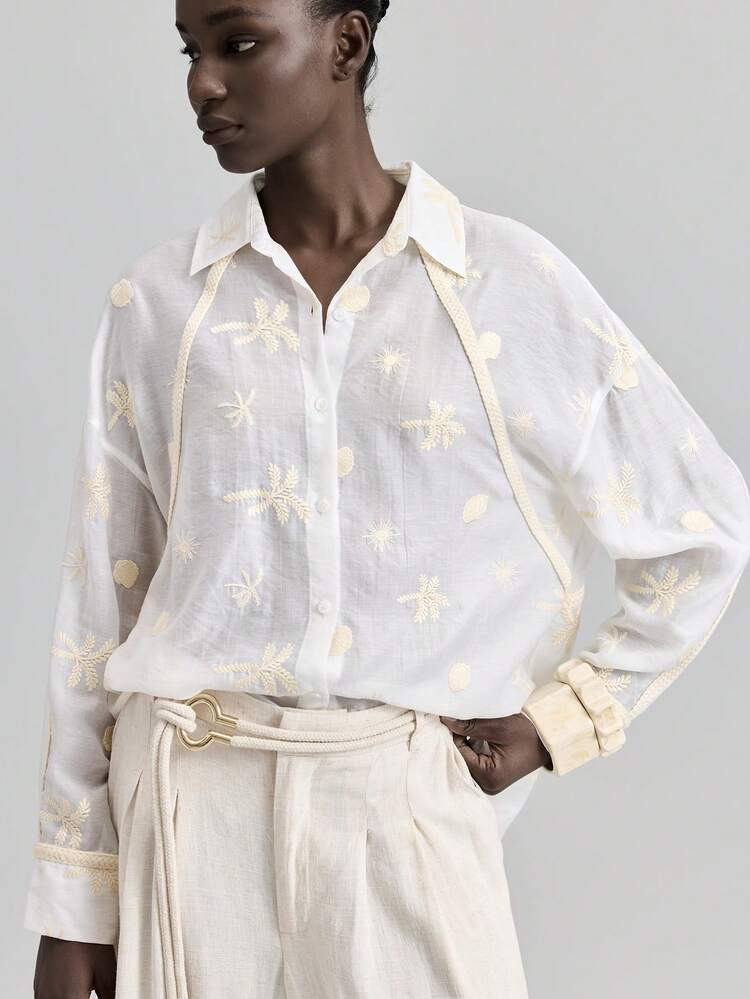Elegant Style Embroidery Fabric White Embroidery Fabric Tape Attached Turndown Collar Long Sleeve Women's Shirt, Loose Fit Casual Summer Clothing Embroidered Shirt Oversized Shirt Baggy Shirt White Shirt Beach Shirt