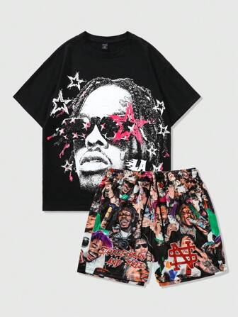 Street Life 2pcs Men Street Portrait Print Short Sleeve T-Shirt & Shorts Casual Summer Suit