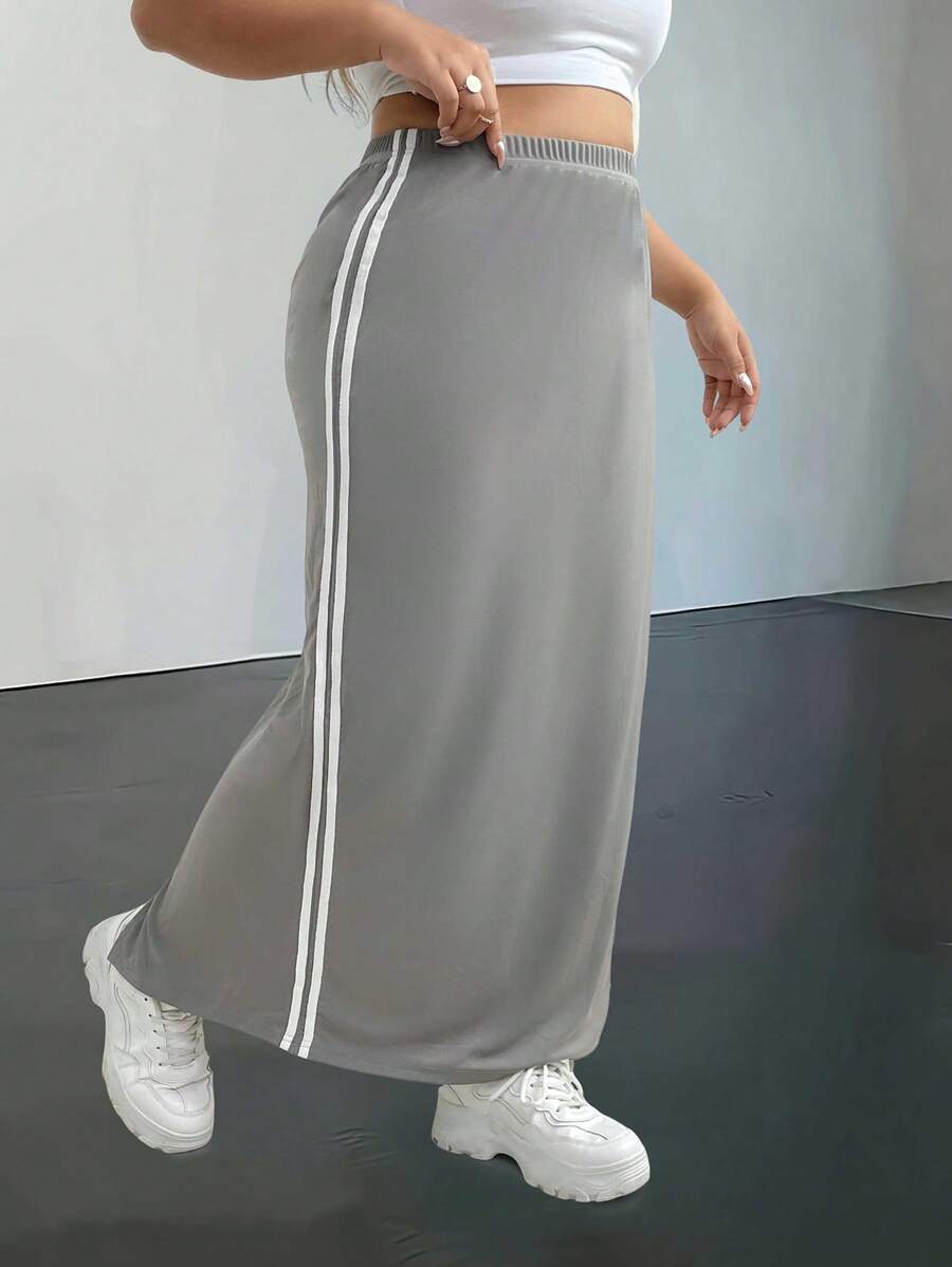 Flirla Falda de cintura elástica a rayas contrastantes, versátil y de moda, de talla grande - Gris - Ver 1
