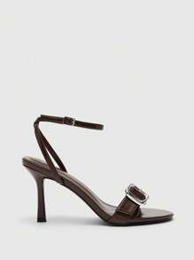 CUCCOO BIZCHIC Brown Oil Leather PU Metal Buckle Strap Punk Round Toe Fashion High Heel Sandals - Brown - View 7