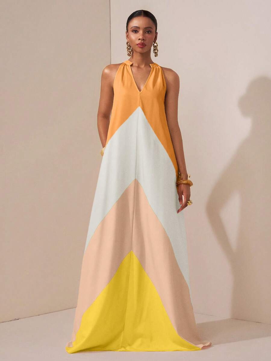 Zivah 2025 Summer New Music Festival Easter Mother's Day Wedding Season Wedding Party Birthday Party Daily Casual Vacation Cruise Travel Beach Sunbathing Fashionable Streetwear Elegant Commute Business Casual Colorful Striped Stand Collar Loose Pocket Split Contrast Color Women Dress - Multicolor - View 1