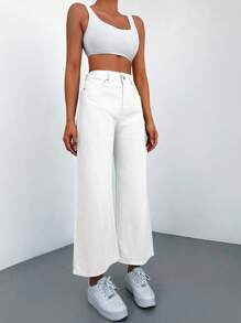 EURMUSE 100%Cotton High Waist Wide Leg Jeans - White - View 5