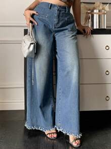 Dazy Plus 深色洗水做旧阔腿长牛仔裤，宽松版型，四季皆宜 - 深色水洗藍 - 查看 4