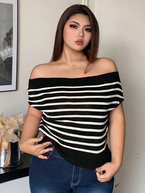 Dazy Plus Striped Loose Drop Shoulder Sleeveless Knit Tank Top