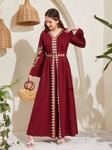 SHEIN Teen Girl's Weave Patchwork Gold Thread Lace Clothes Dress - Burgundy - View 6