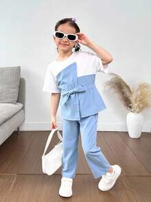 SHEIN 2pcs/Set Young Girl Knitted Colorblock Blouse And Woven Long Pants Set - Blue - View 8