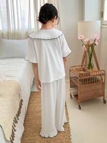 DAZY Tween Girl Doll Face Short Sleeve Top + Pants Home Outfit, Fall, Back To School Clothes - White - View 3