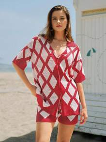 Maija Women's Red And White Color Block Square Pattern Summer Casual Beach Dress,Loose Front Tie Knot V-Neck Batwing Sleeve Boho Vacation Holiday Autumn - Red and White - View 4