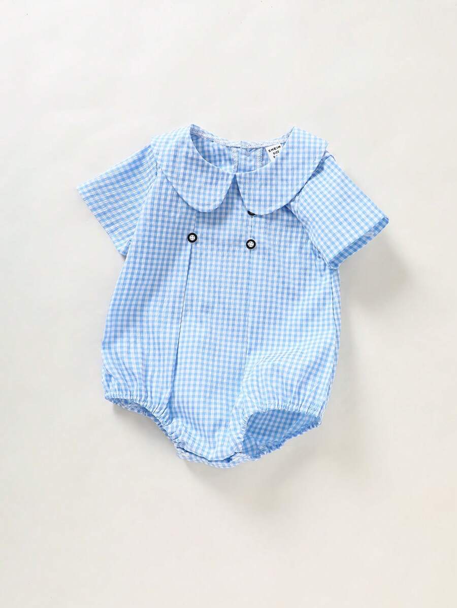 女婴休闲格子短袖连体衣,夏季新生儿男婴服装,夏季蓝色男婴服装,格子婴儿服装 - 藍色 - 查看 1