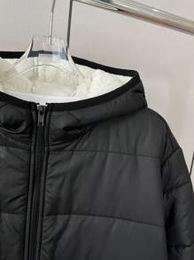 SHEIN Leap Crew 青少年男童单件休闲日韩版夹棉保暖毛绒内衬连帽翻领厚款编织中长款棉服返校服装；秋季服装；青少年男孩服装；秋季夹克；秋季服装秋冬