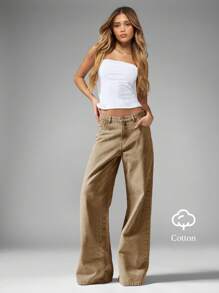 MISSGUIDED 高腰阔腿牛仔裤经典复古风格牛仔裤舒适宽松秋冬休闲装 - 棕色 - 查看 8