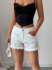 Selianne Short en jean à franges avec design diamant pour femme, été - Blanc - Voir 5