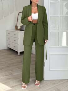 EURMUSE Grey Long Jacket And Straight Pant Two Pieces - Army Green - View 5
