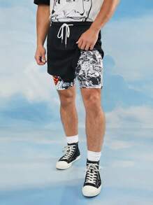 SUPERMAN X SHEIN Men's Letter & Figure Graphic Drawstring Waist Casual Shorts, Emo, 2000s Style