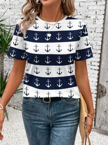 SHEIN LUNE 女式海军蓝船锚条纹圆领 T 恤，夏季休闲装