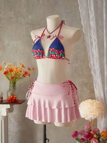 Swim Mod Set de 2 prendas de baño con estampado de cerezas y cordón para el verano para mujeres, conjunto para vacaciones