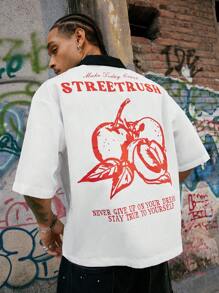 Manfinity Streetrush Camisa de manga corta con botones y estampado de letras y frutas de color contrastante para hombres