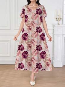 Al Najma 女式优雅花卉印花阿拉伯风格连衣裙 - 紅色 - 查看 1