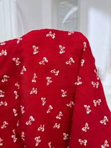 SHEIN Plus Size Ruffled Collar Lace Patchwork Bow Print Pajama Set Short Sleeve Top And Long Pants - Red - View 7