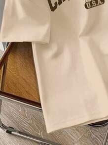 Manfinity Joysei 标准尺寸男士休闲简约“加利福尼亚”字母印花卡其色圆领 T 恤（面料），适合夏季 - 卡其色 - 查看 5