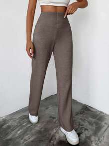 EURMUSE Women's Casual High Waisted Solid Color Simple Sweater Pants Set, Autumn/Winter - Mocha Brown - View 3