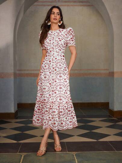 ZEYLAH Short Sleeve Holiday Eyelet Embroidery Long Dress