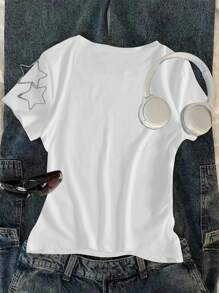 Camiseta de manga corta de cuello redondo informal con estampado numérico, ajustada para niñas, de verano