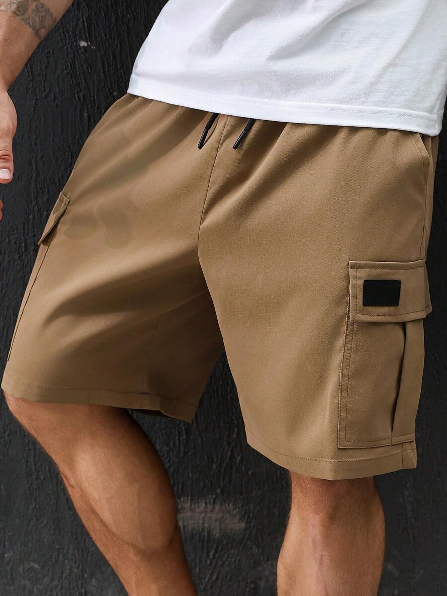 Manfinity Homme Plus Size Men's Summer Casual Street Drawstring Waist Flap Pocket Cargo Shorts - Khaki - View 1
