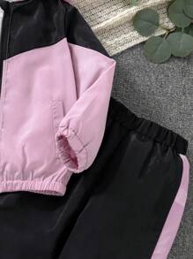 女童拼色拉链连帽夹克和裤子运动服套装 - 彩色 - 查看 9
