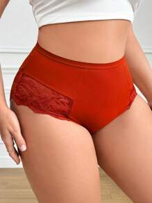 SHEIN 1pc Plus Size Elegant Solid Color Lace Patchwork Panty - Orange - View 5