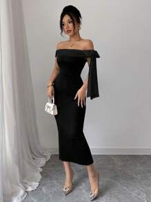 Rafferiza Đầm dài thanh lịch màu đen trễ vai thắt nút đơn giản - màu đen - Xem 6