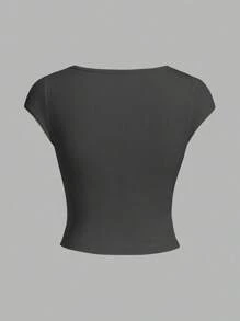 INAWLY Summer Sexy Deep V-Neck Slim Fit Cropped T-Shirt - Dark Grey - View 2