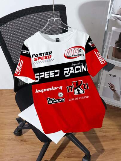 SHEIN EZwear Avslappnad sportig racingdräkt med grafisk kortärmad t-shirt, lös passform för kvinnor